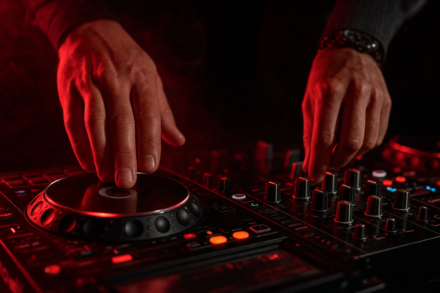 A DJ's hands working a mixer and turntable under deep red club lighting
